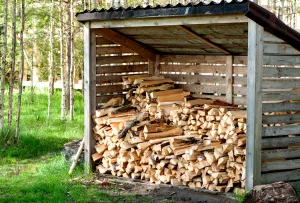 abri pour stockage de bûches et de bois de chauffage, buches rangées