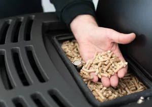 Main qui prend du pellet dans un poêle à granulés qui est sec et résineux