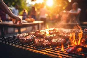 Un homme maitrise la cuisson de sa viande au barbecue qui est alimenté par un charbon de bois